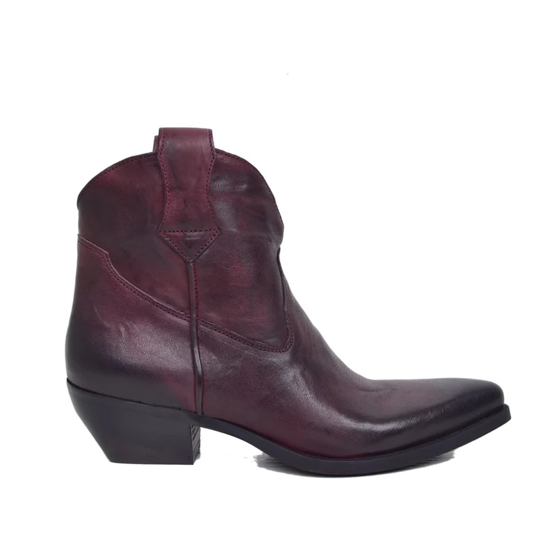 Stivaletti Texani in Pelle Bordeaux Effetto Stropicciato Tacco 5 cm Made in Italy