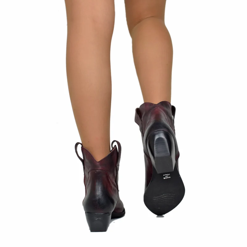 Stivaletti Texani in Pelle Bordeaux Effetto Stropicciato Tacco 5 cm Made in Italy
