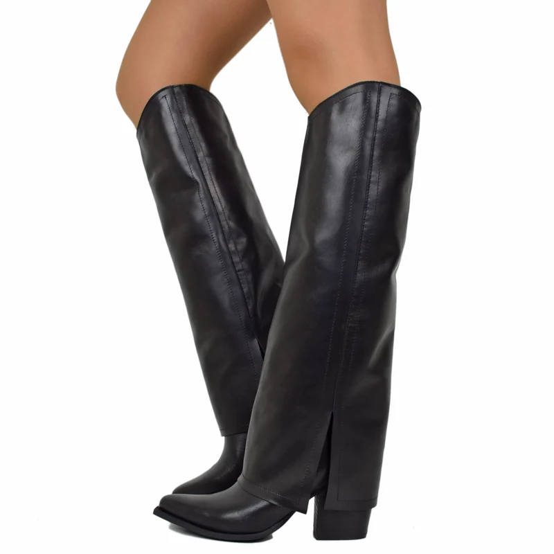 Stivali Eleganti Alti con Ghetta Vera Pelle Neri Tacco 8 cm