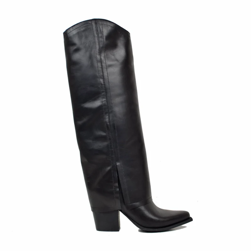 Stivali Eleganti Alti con Ghetta Vera Pelle Neri Tacco 8 cm