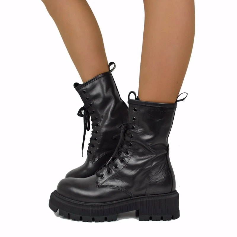RPK Anfibi Platform 10 Occhielli KB706 VERA PELLE Nero Biker Boots