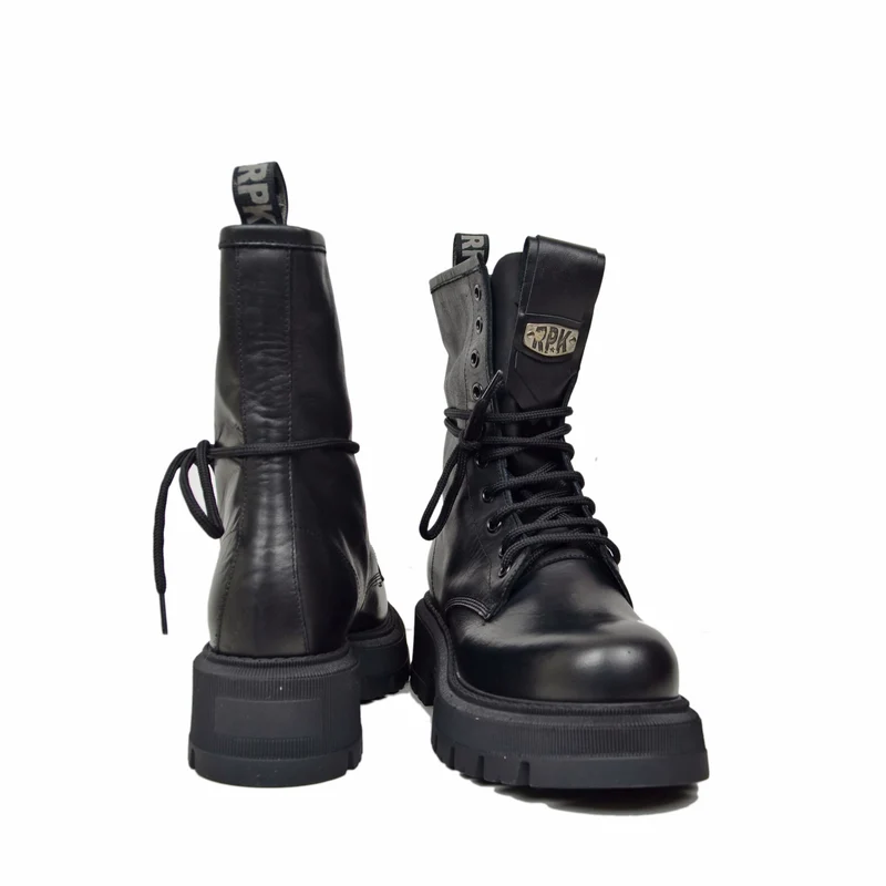 RPK Anfibi Platform 10 Occhielli KB706 VERA PELLE Nero Biker Boots