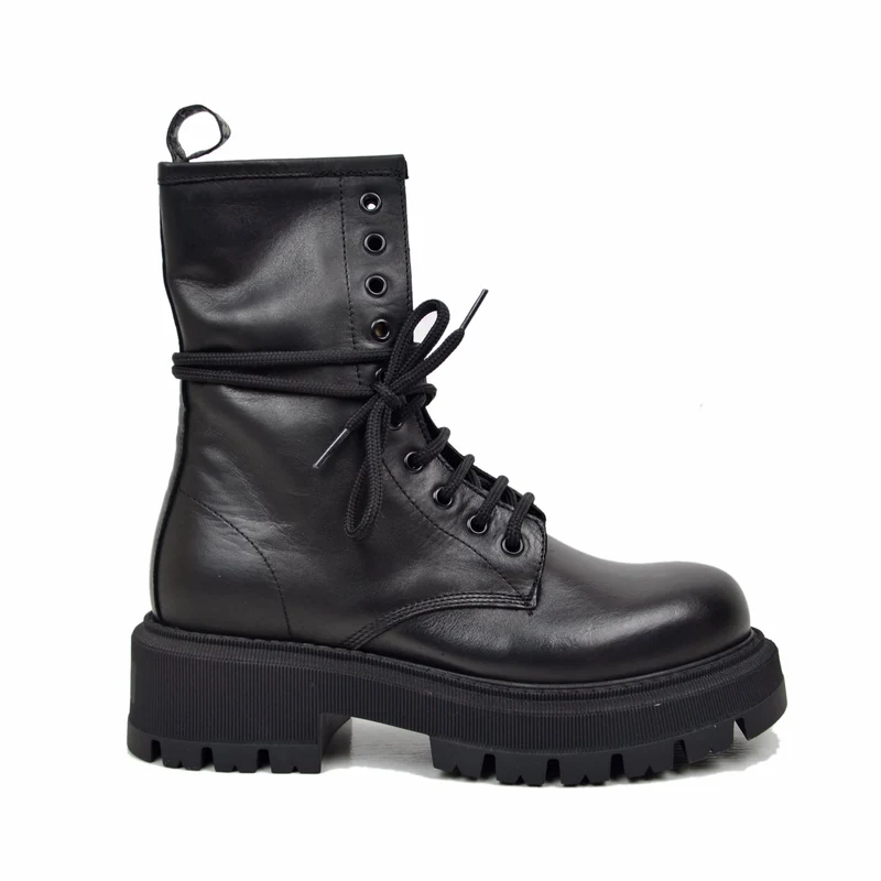 RPK Anfibi Platform 10 Occhielli KB706 VERA PELLE Nero Biker Boots