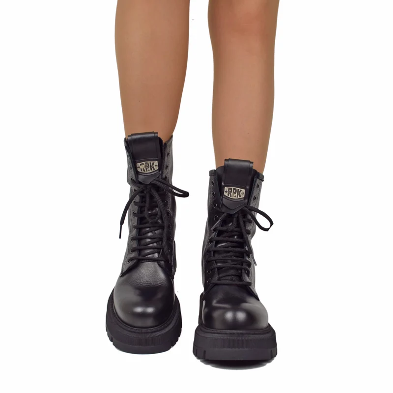 RPK Anfibi Platform 10 Occhielli KB706 VERA PELLE Nero Biker Boots