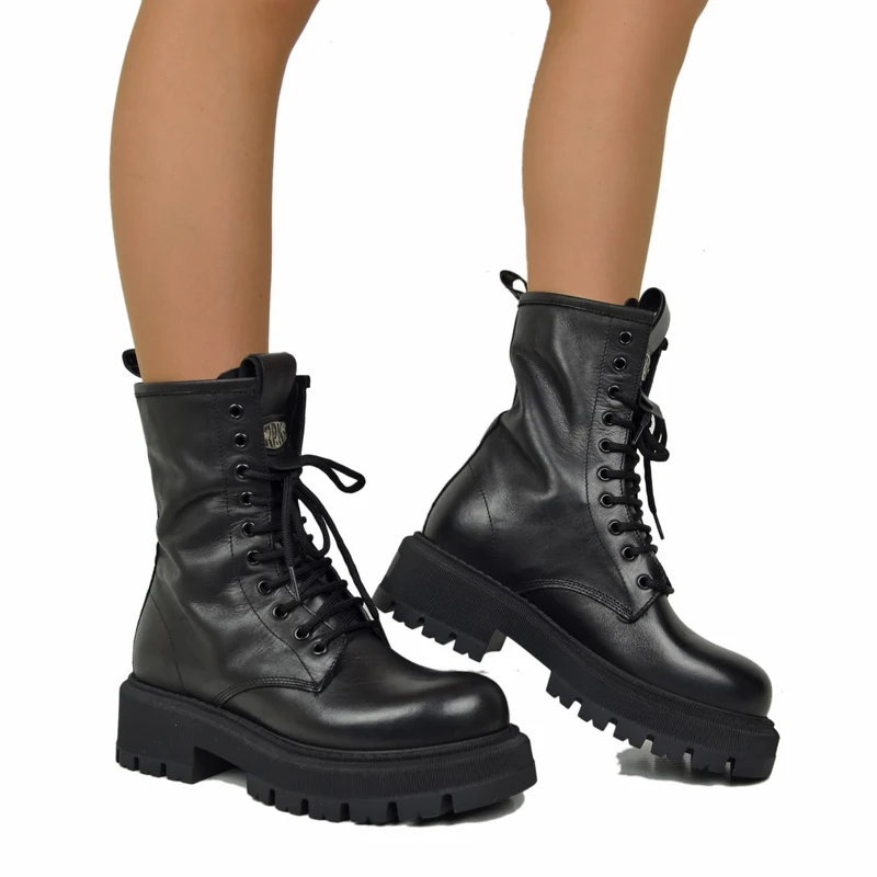 RPK Anfibi Platform 10 Occhielli KB706 VERA PELLE Nero Biker Boots