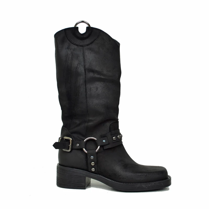Biker con Dettagli Western Borchie Argentate e Punta Quadrata in Pelle Ingrassata Neri
