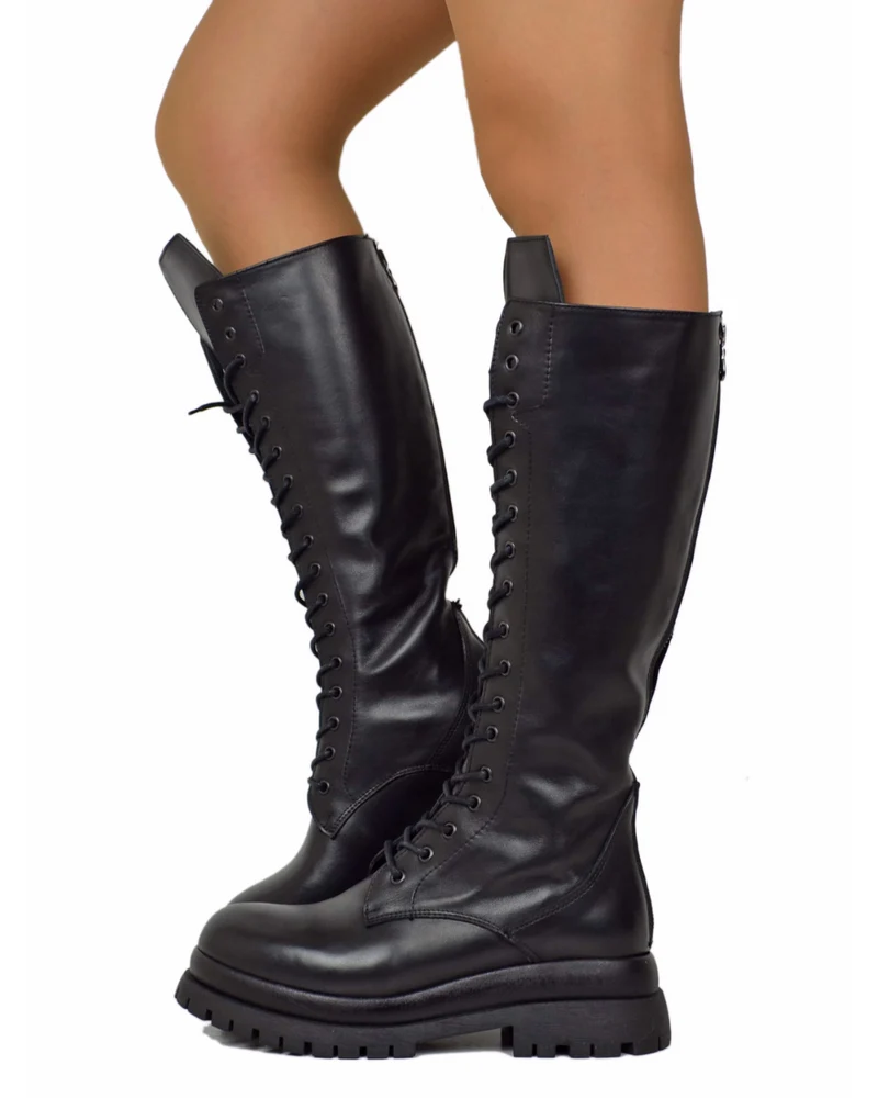 Anfibi Stringati Super Alti con Zip Posteriore VERA PELLE 17 Occhielli Doppio Fondo Platform