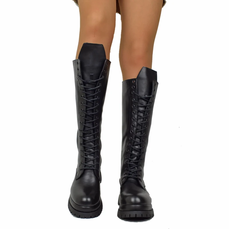 Anfibi Stringati Super Alti con Zip Posteriore VERA PELLE 17 Occhielli Doppio Fondo Platform