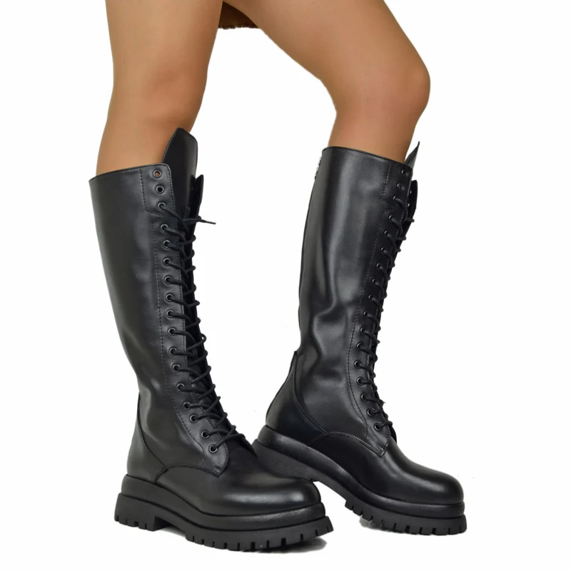 Anfibi Stringati Super Alti con Zip Posteriore VERA PELLE 17 Occhielli Doppio Fondo Platform