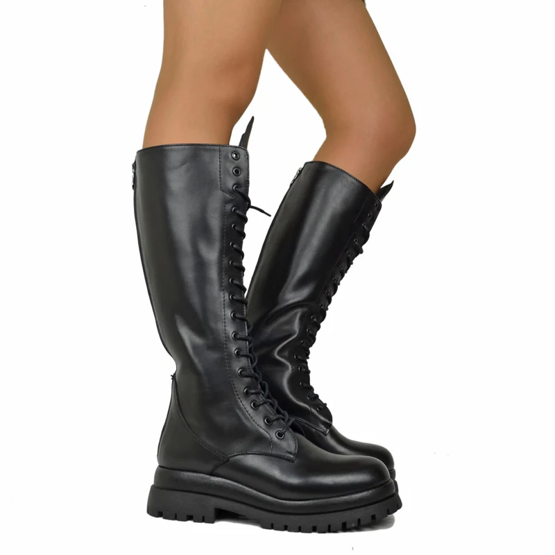 Anfibi Stringati Super Alti con Zip Posteriore VERA PELLE 17 Occhielli Doppio Fondo Platform