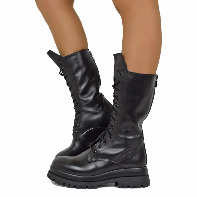 Anfibi Stringati con Zip Posteriore VERA PELLE 12 Occhielli Doppio Fondo Platform