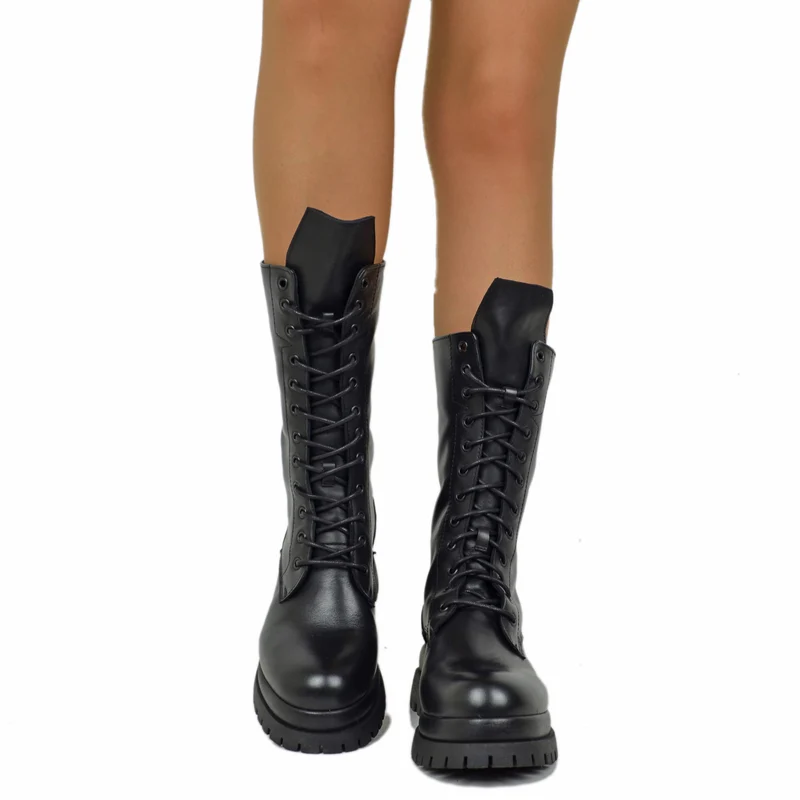 Anfibi Stringati con Zip Posteriore VERA PELLE 12 Occhielli Doppio Fondo Platform