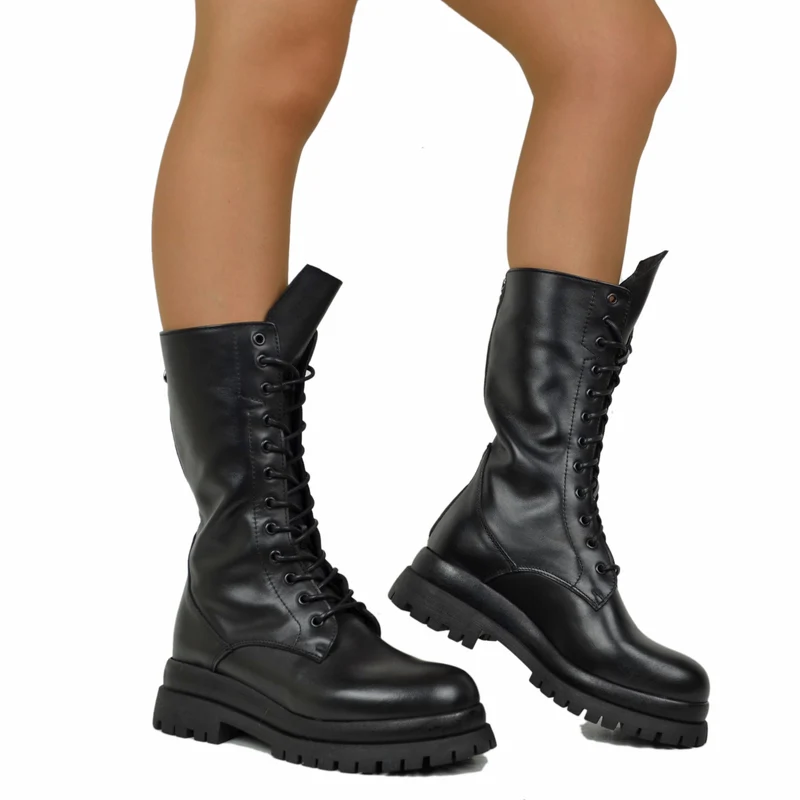 Anfibi Stringati con Zip Posteriore VERA PELLE 12 Occhielli Doppio Fondo Platform