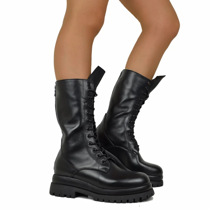 Anfibi Stringati con Zip Posteriore VERA PELLE 12 Occhielli Doppio Fondo Platform