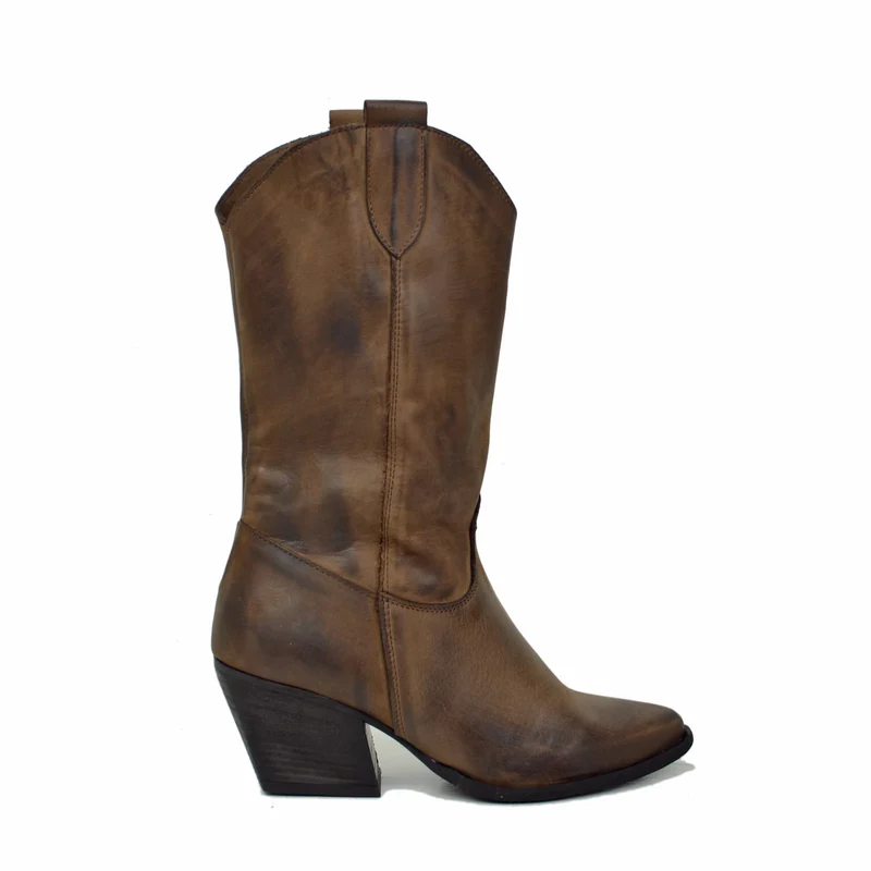 Stivali Texani Donna Media Altezza in Pelle Sfumata Marrone Made in Italy