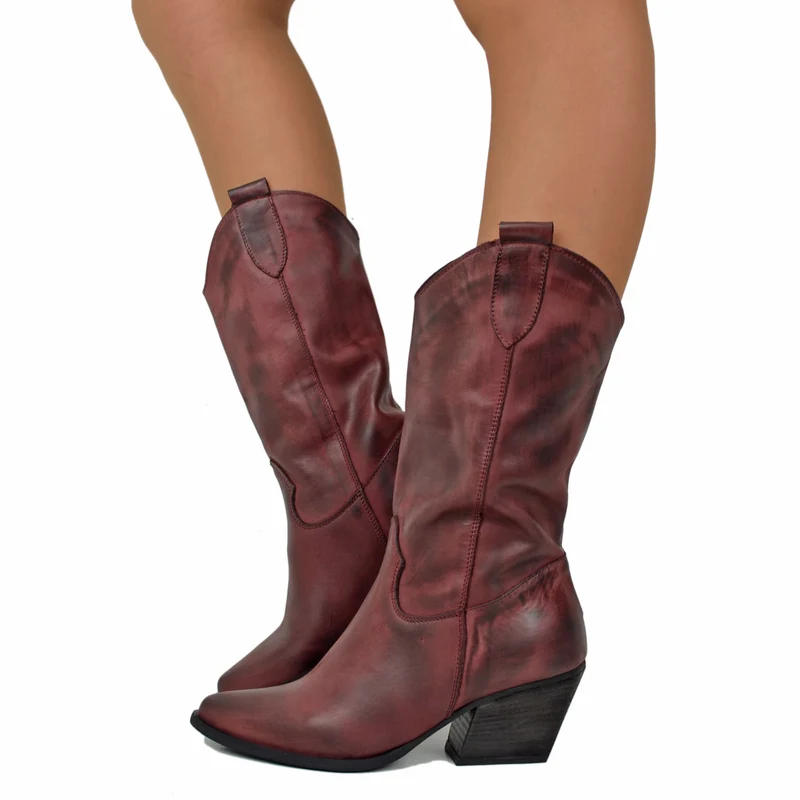 Stivali Texani Donna in Pelle Bordeaux Made in Italy