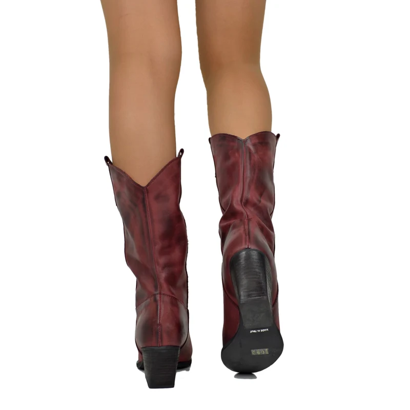 Stivali Texani Donna in Pelle Bordeaux Made in Italy