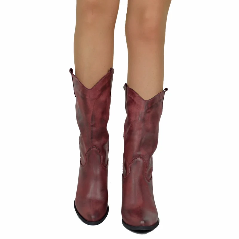 Stivali Texani Donna in Pelle Bordeaux Made in Italy