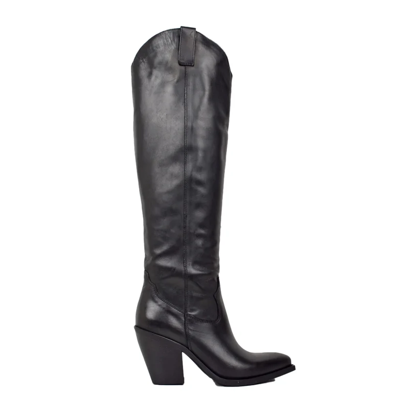Stivali Texani Lisci Neri Donna al Ginocchio Tacco Alto 9 cm in Pelle