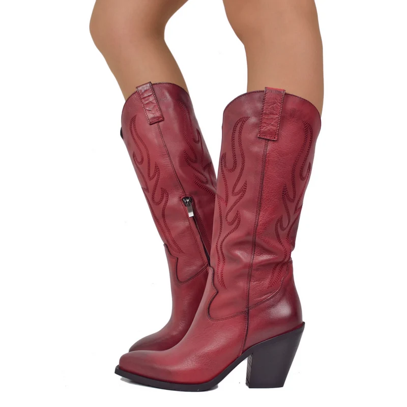 Stivali Alti Texani in Pelle Rossi Gambale Morbido Tacco 8 cm