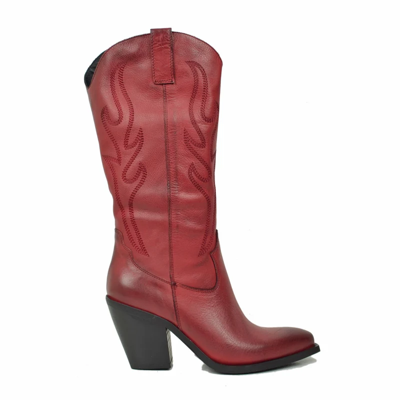 Stivali Alti Texani in Pelle Rossi Gambale Morbido Tacco 8 cm