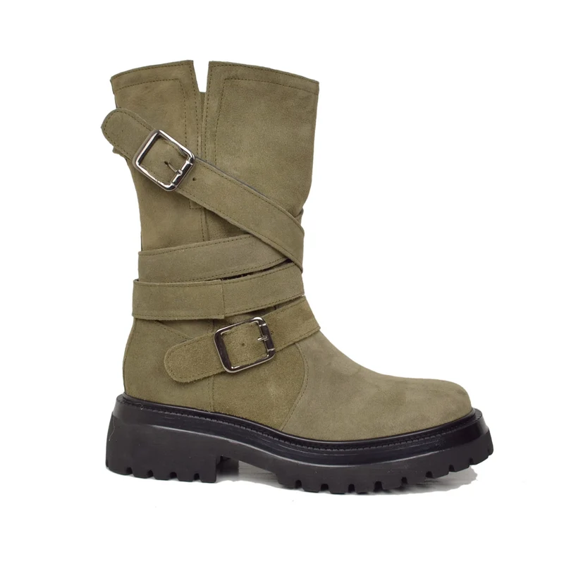 Biker Boots Donna in Pelle Scamosciata Taupe Made in Italy con Fibbie