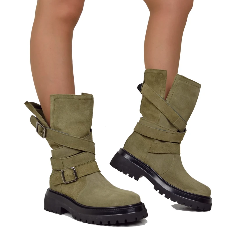 Biker Boots Donna in Pelle Scamosciata Taupe Made in Italy con Fibbie