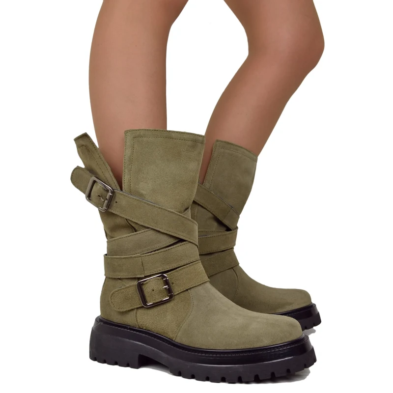 Biker Boots Donna in Pelle Scamosciata Taupe Made in Italy con Fibbie