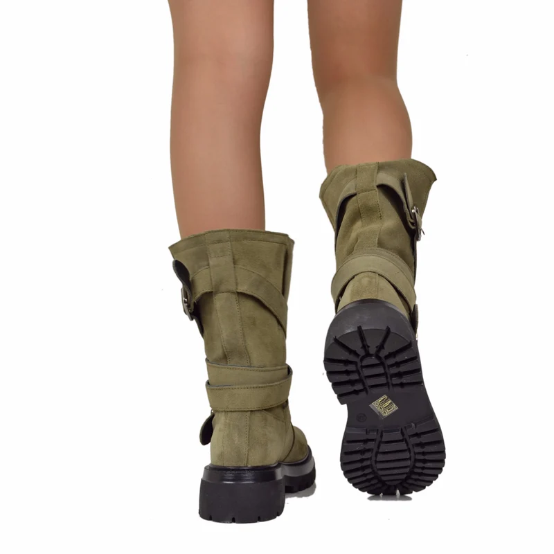 Biker Boots Donna in Pelle Scamosciata Taupe Made in Italy con Fibbie