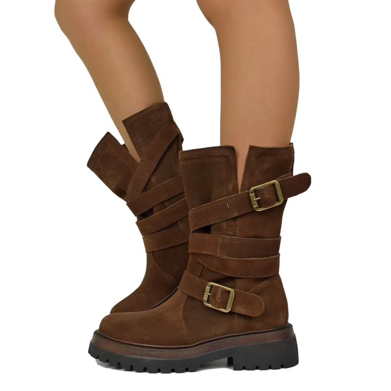 Biker Boots Donna in Pelle Scamosciata Marroni Made in Italy con Fibbie