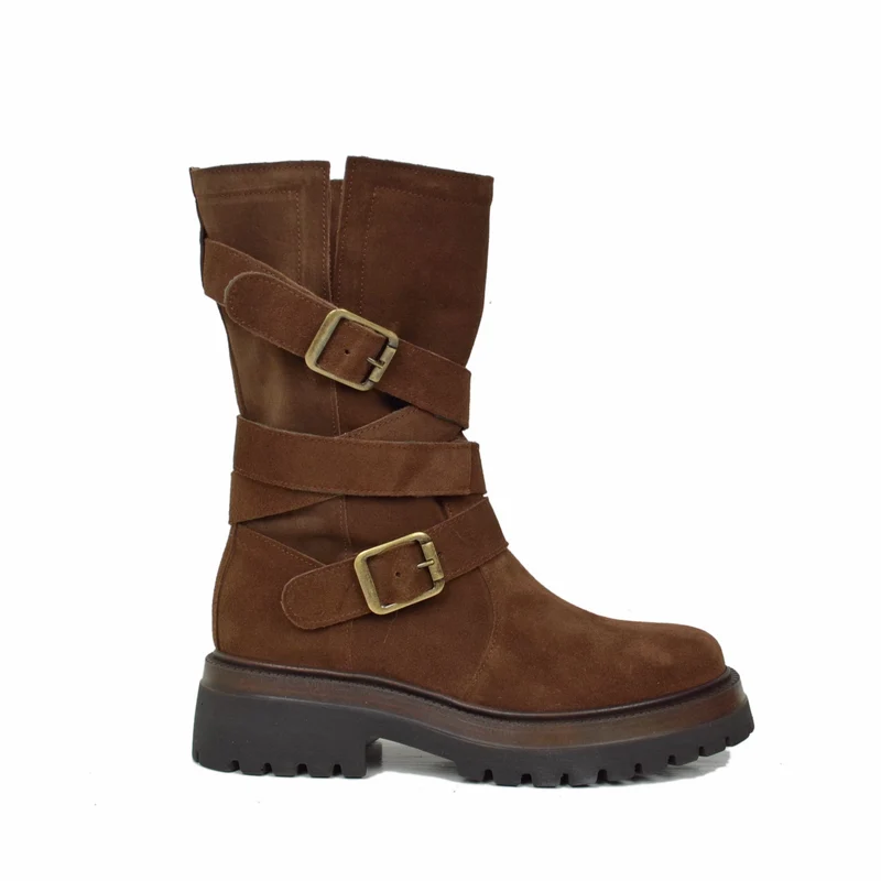 Biker Boots Donna in Pelle Scamosciata Marroni Made in Italy con Fibbie