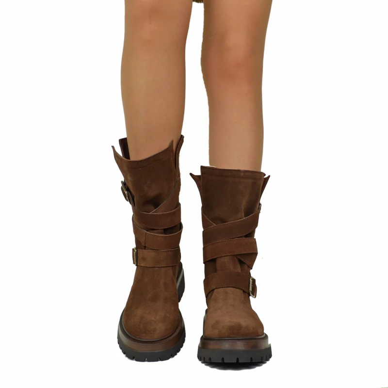 Biker Boots Donna in Pelle Scamosciata Marroni Made in Italy con Fibbie