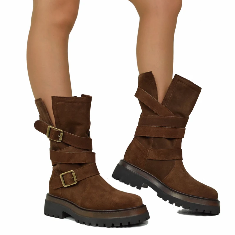 Biker Boots Donna in Pelle Scamosciata Marroni Made in Italy con Fibbie