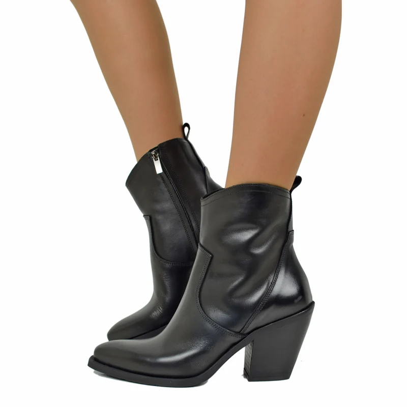 Stivaletti Texani Tronchetti Donna Tacco 9 cm in Pelle Neri Made in Italy
