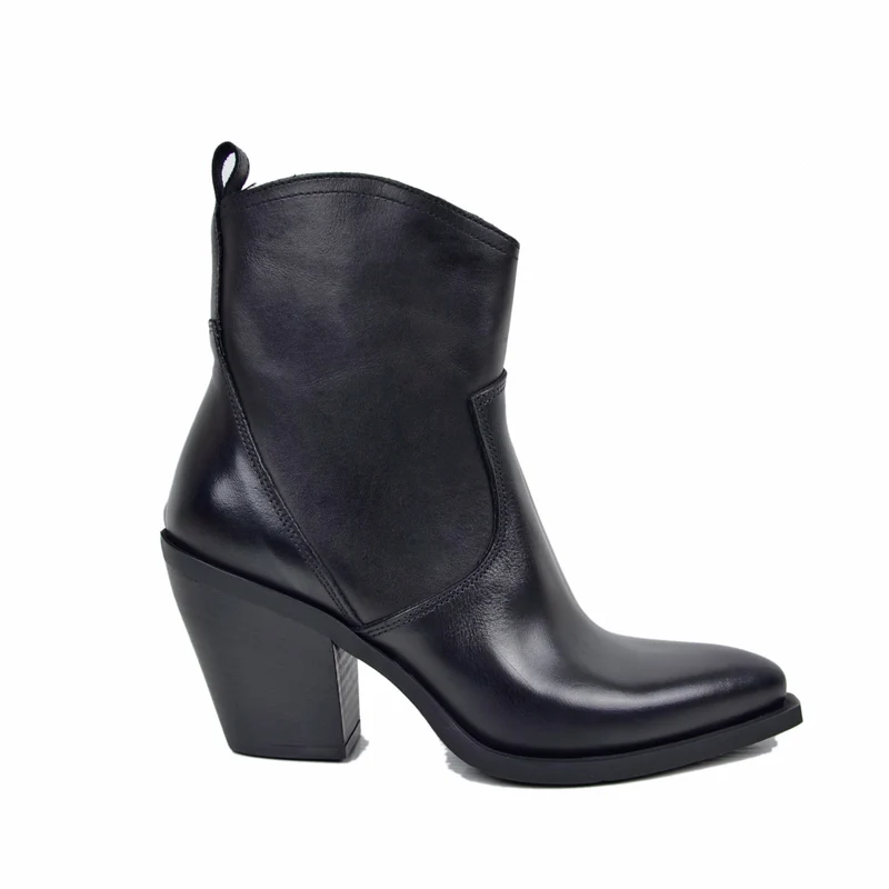 Stivaletti Texani Tronchetti Donna Tacco 9 cm in Pelle Neri Made in Italy
