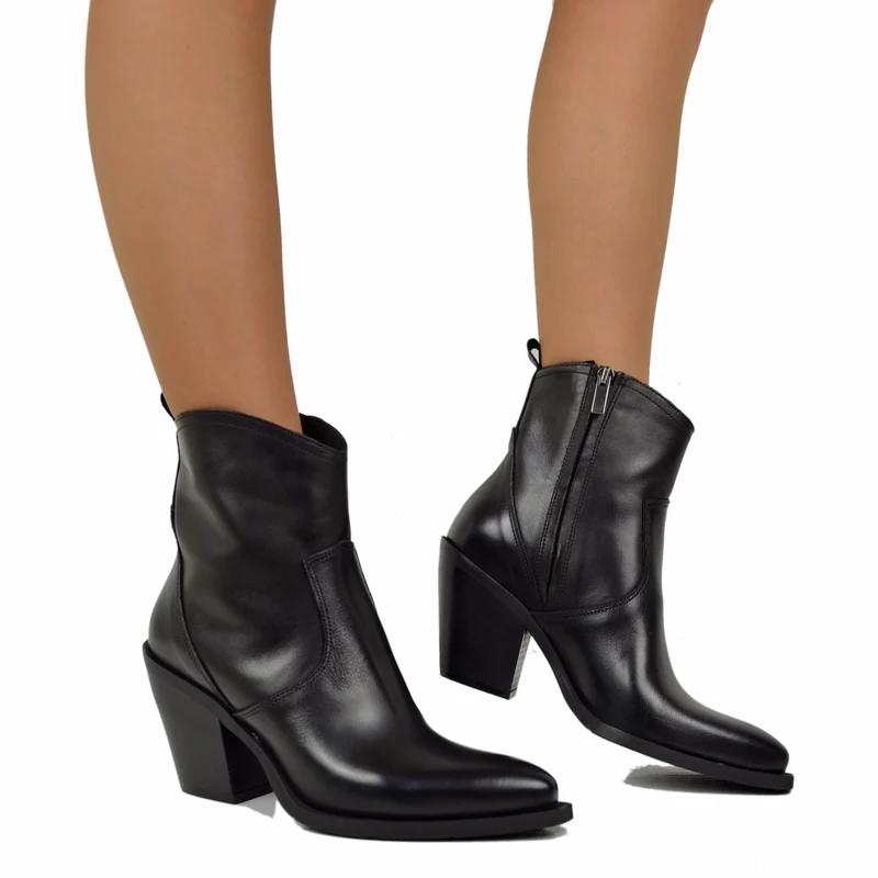 Stivaletti Texani Tronchetti Donna Tacco 9 cm in Pelle Neri Made in Italy