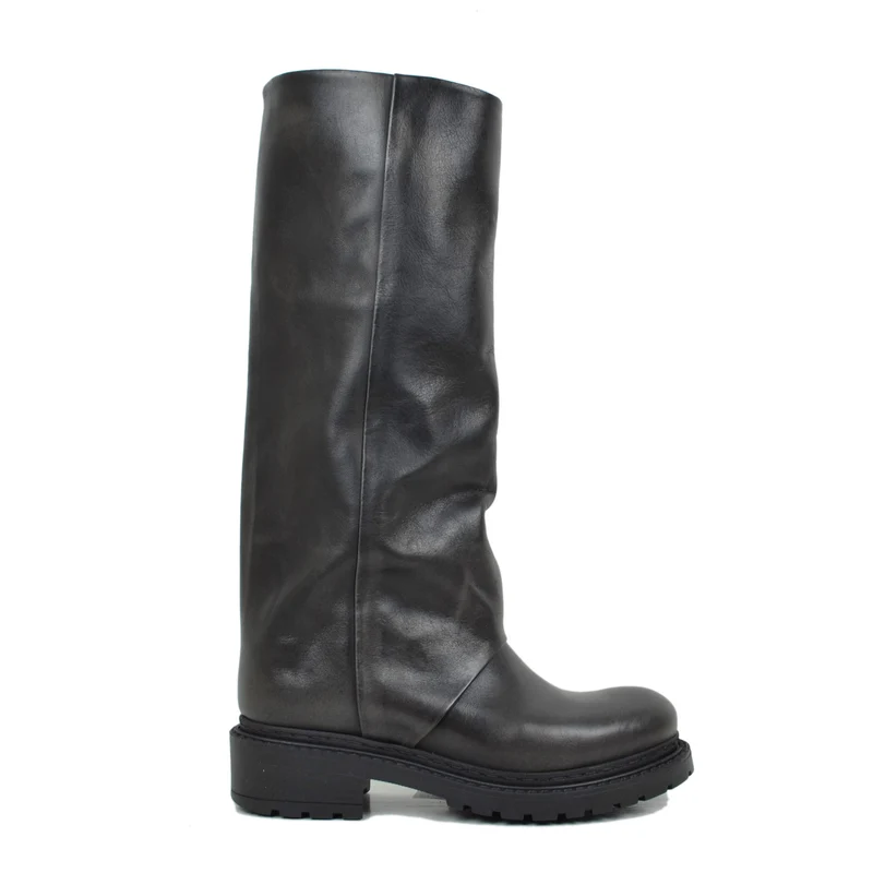 Biker Moto Grigio Asfalto Alti con Ghetta in Vera Pelle Fondo in Gomma