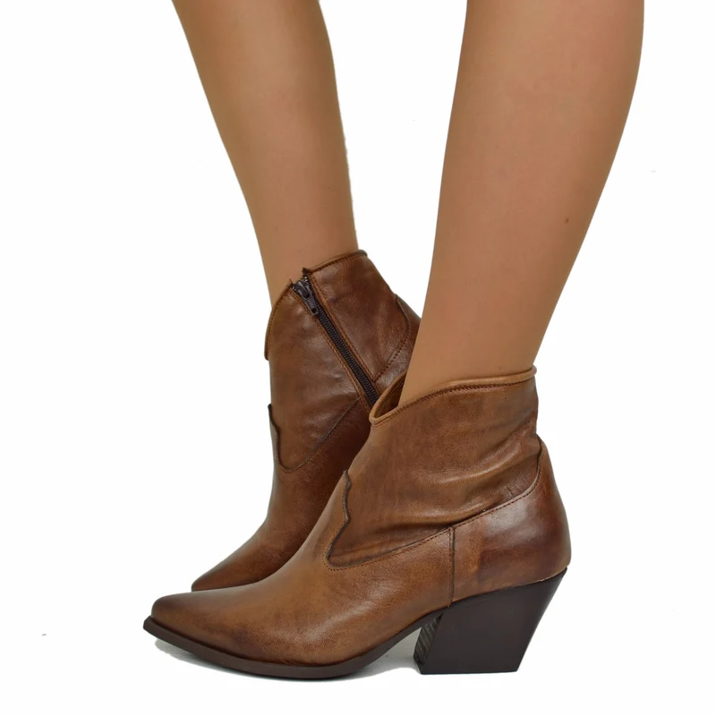 Stivaletti Texanini alla Caviglia Donna in Pelle Liscia Terra Made in Italy