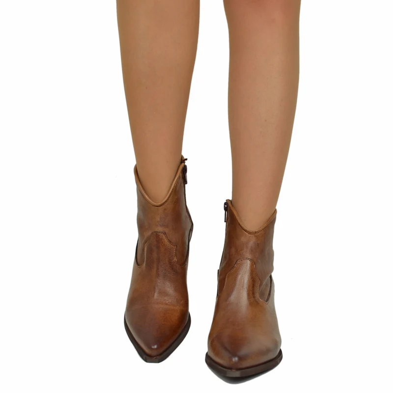 Stivaletti Texanini alla Caviglia Donna in Pelle Liscia Terra Made in Italy