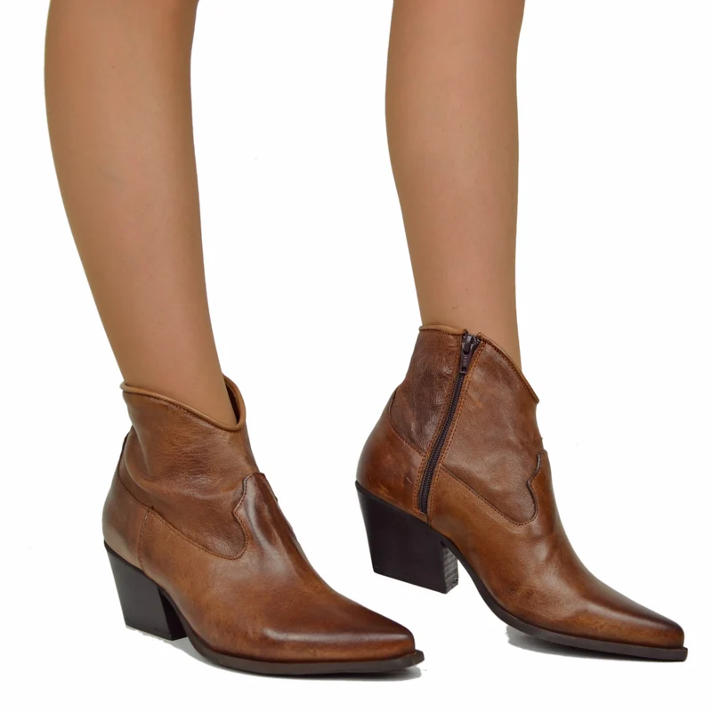 Stivaletti Texanini alla Caviglia Donna in Pelle Liscia Terra Made in Italy