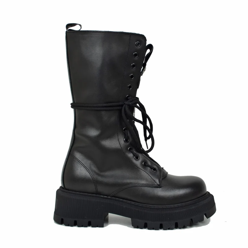 RPK Stivali Anfibi Alti Stringati in Vera Pelle Chunky Boots Platform KB916