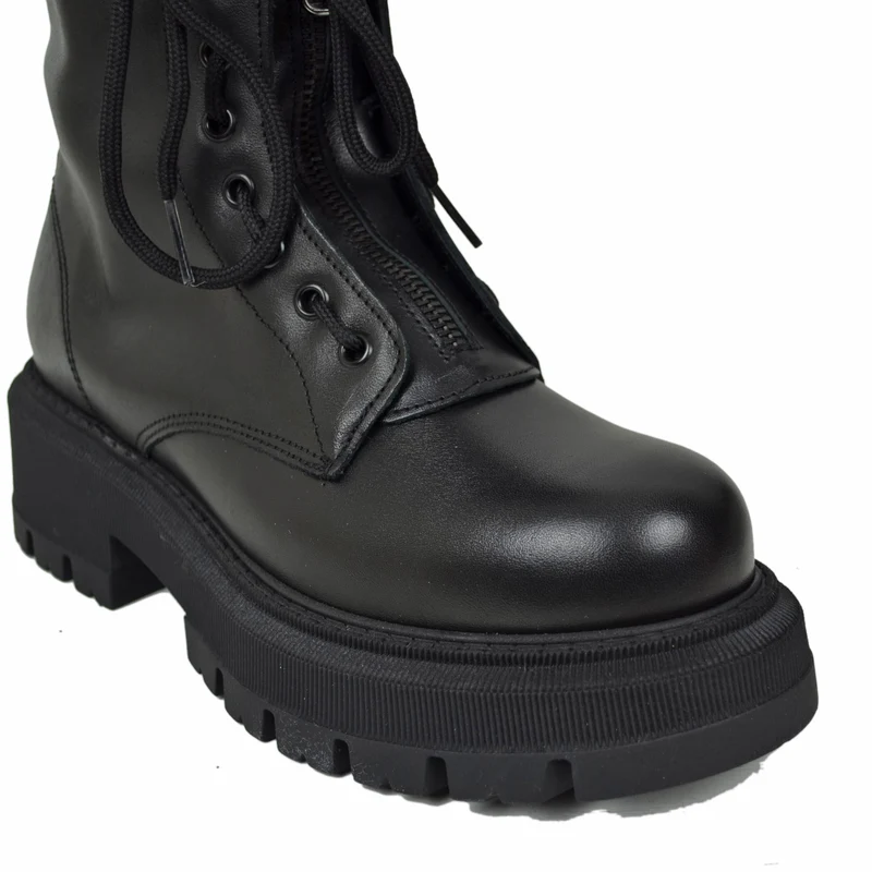 RPK Stivali Anfibi Alti Stringati in Vera Pelle Chunky Boots Platform KB916
