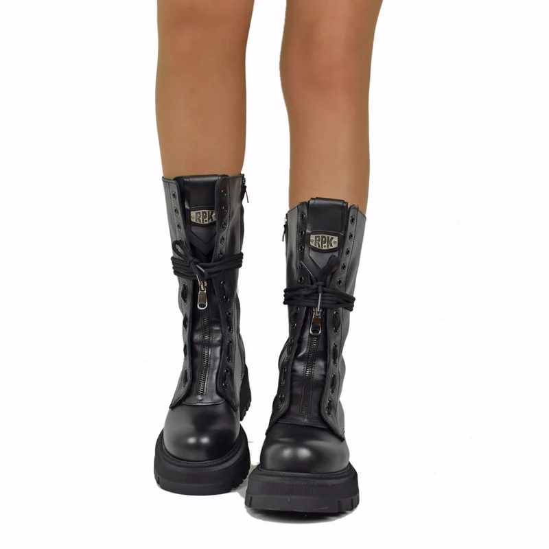 RPK Stivali Anfibi Alti Stringati in Vera Pelle Chunky Boots Platform KB916