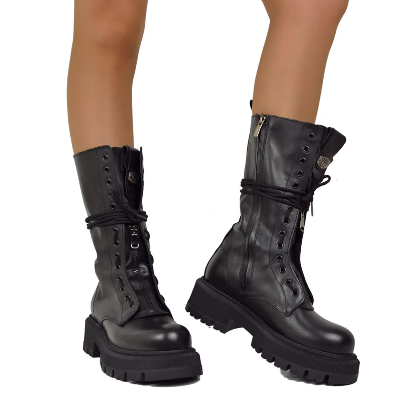 RPK Stivali Anfibi Alti Stringati in Vera Pelle Chunky Boots Platform KB916