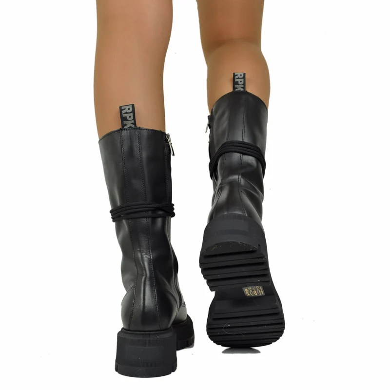 RPK Stivali Anfibi Alti Stringati in Vera Pelle Chunky Boots Platform KB916