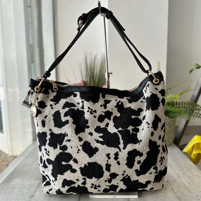 Borsa con Zip Muccata Morbida in Tessuto Animalier Tracolla Interna "DAIANA"