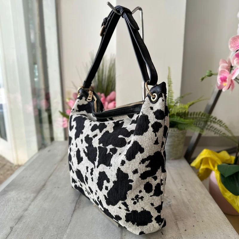 Borsa con Zip Muccata Morbida in Tessuto Animalier Tracolla Interna "DAIANA"