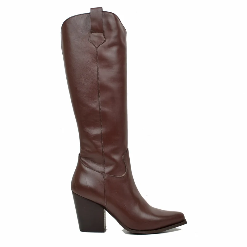 Stivali Texani Alti Eleganti con Zip Gambale Aderente Tacco 8 Cm Vera Pelle Marrone