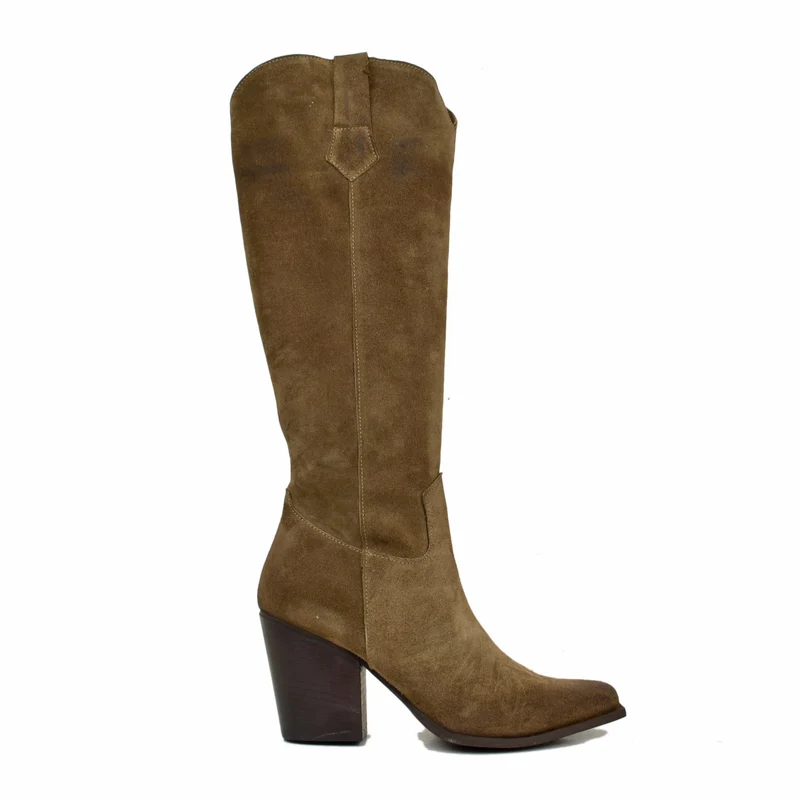 Stivali Texani Alti Eleganti con Zip Gambale Aderente Tacco 8 Cm Camoscio Taupe