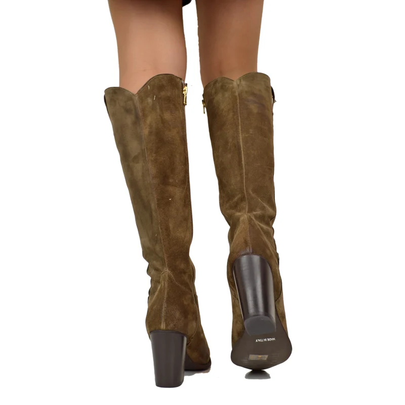Stivali Texani Alti Eleganti con Zip Gambale Aderente Tacco 8 Cm Camoscio Taupe